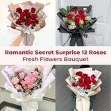 Romantic Secret Surprise 12 Roses Fresh Flowers Bouquet